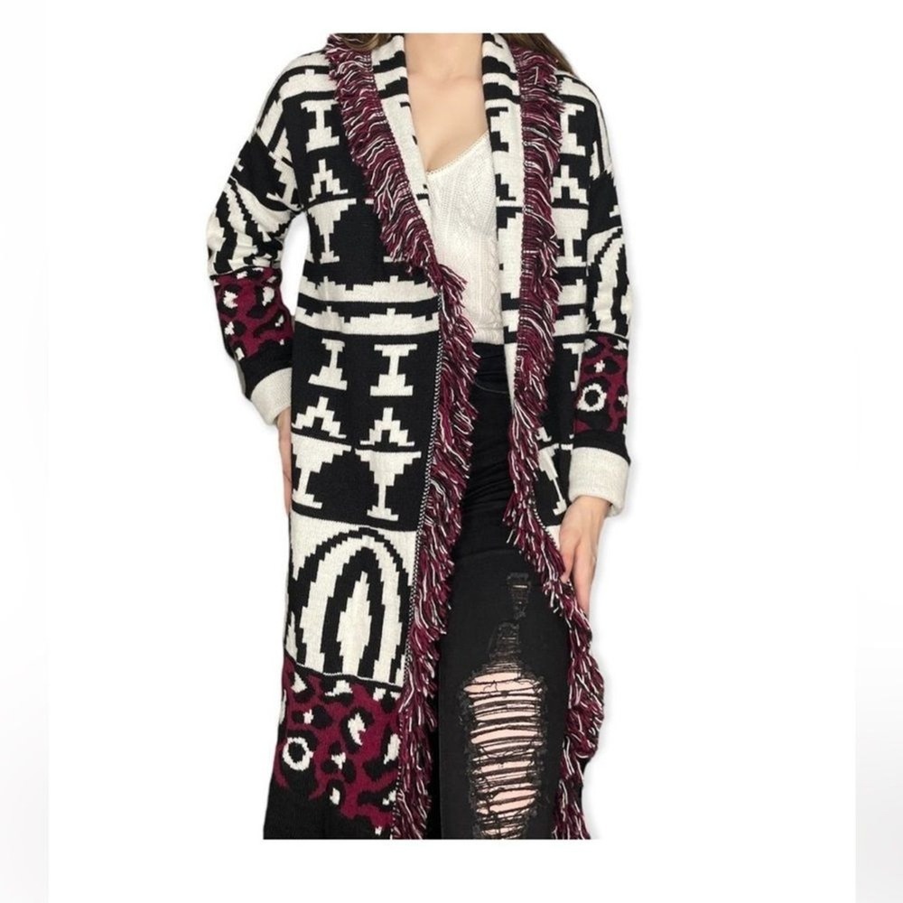 San Lorenzo Women Italy Long Fringe Wool Blend Cardigan Open Front‎ S NWT